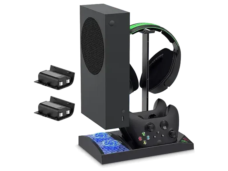 New World Upgraded Charger Stand with Cooling Fan for Xbox Series S Console and Controller,Vertical Dual Charging Dock Accessories with 2 x 1400mAh Rechargeable Battery with Headphone Bracket