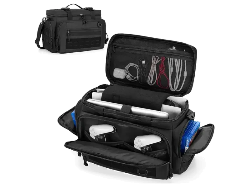 PGmoon Tactical Carrying Case Compatible with PS5/PS5 Pro Console, Travel Console Carrying Bag with Multiple Pockets for 15.6 inch Laptop, Controllers, Discs and