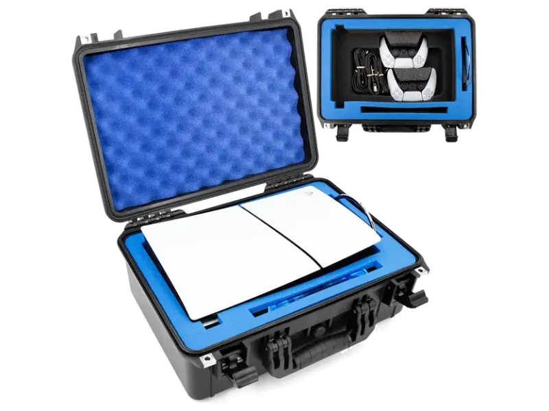 CASEMATIX Travel Case Compatible With PS5 - Hard Shell Waterproof Case with Custom Foam for Console, Controllers, Stand, Cables and Game, Black and Blue, New Ps5 (2023/Slim)