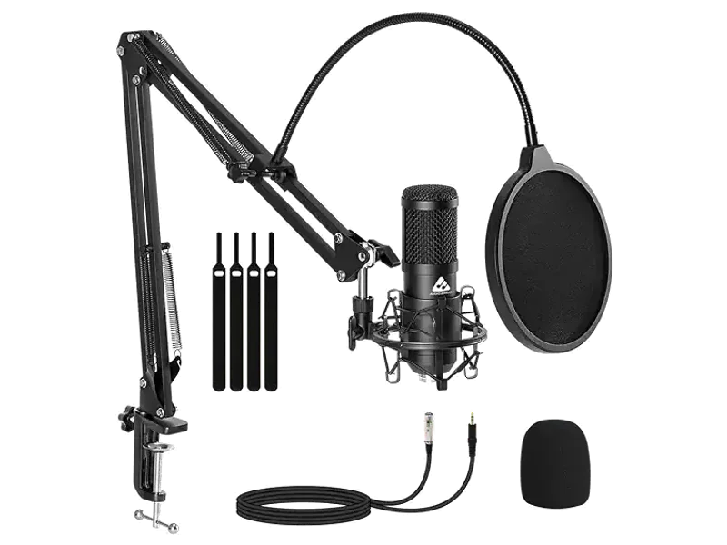 Audio Array XLR to 3.5mm Professional Condenser Microphone Kit | Boom Arm, 2M Cable & Foam Filter | Compatible with Audio Interface, Mixer | Recording, Podcast, Streaming, Home Studio (Black) | AM-C43