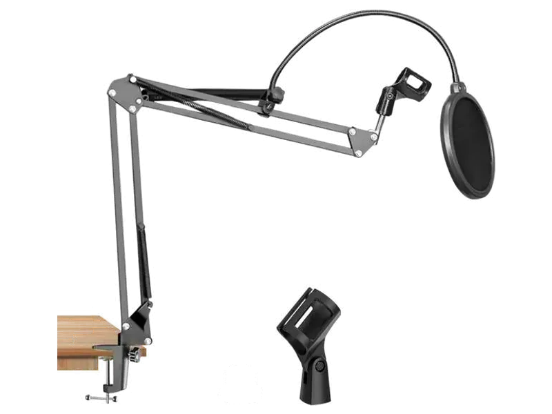 AMG Music Adjustable Suspension Boom Scissor Accessories Mic Stand NB35 with Pop Filter Mask Shield Any Microphone, Mic Dual Layered Wind Pop Screen With A Flexible 360° Gooseneck Clip Stabilizing Arm Microphone Stand