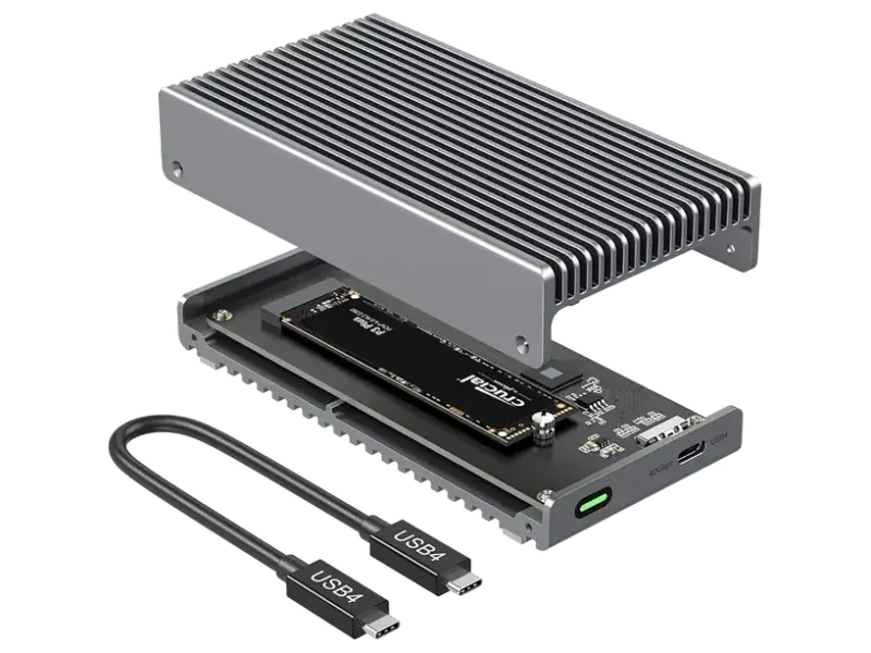 Qwiizlab Fanless 40Gbps USB4 SSD Enclosure with Aluminum Chasiss, Compatible with Thunderbolt 5/4/3. Supports PCIe M.2 NVMe up to 8TB, Gray (SSD Not Included)