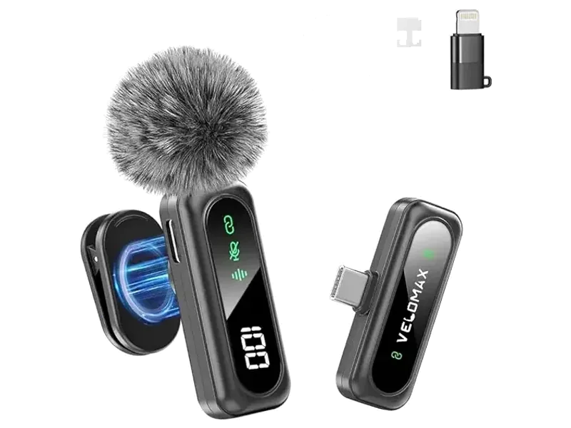 VELOMAX Wireless Lavalier Microphone for iPhone &Android, One-Click Noise Reduction Wireless Mic for Video Recording, Magnetic Clip, LED Display, 98FT Range, 7H Battery, USB-A, USB-C,Lightning Adapter