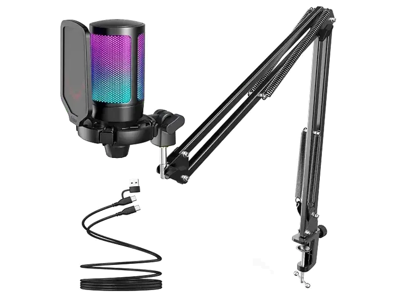 FIFINE A6T USB Gaming Microphone Kit, Plug & Play for PC, PS4/5, Condenser Cardioid Microphone Set with Mute Button, Volume Gain, RGB, Arm Stand, for Streaming, Discord, Twitch, Video, YouTube|Black