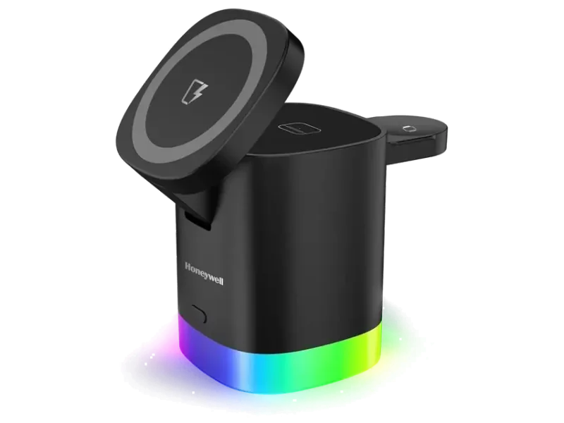 Honeywell Zest Wireless Cube 3-in-1 MagSafe Compatible 23W Magnetic Wireless Fast Charger with Type-C Input, QC 3.0, RGB Lights, Ultra-Fast Charging for iPhone 12 and Above, Apple Watches & AirPods