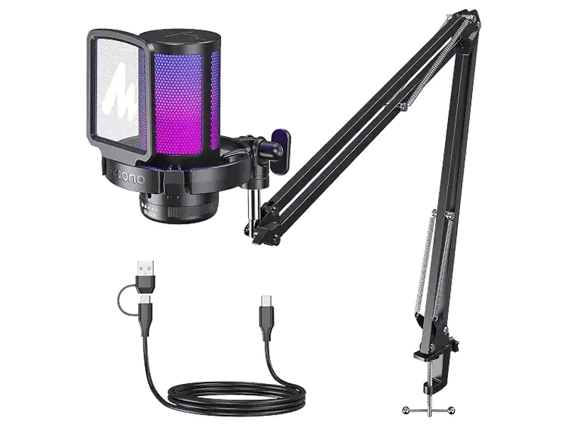 MAONO Gaming USB Microphone, Noise Cancellation Condenser mic with Mute, Gain, Monitoring, Boom Arm, Pop Filter for Streaming, Podcast, Twitch, YouTube, Discord, PC, Computer, PS4, PS5, Mac, DGM20S