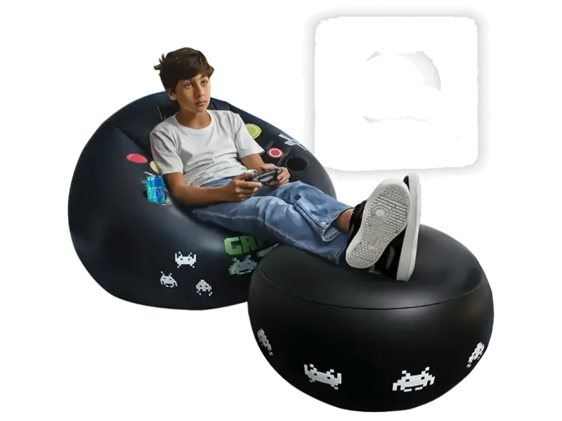 FranFusion Inflatable Gaming Chair for Kids & Teens with Cup Holders and Side Pocket - This Air Bean Bag Game Chair is The Perfect Furniture for Gamer Room Décor (Green Gaming Time with Ottoman)