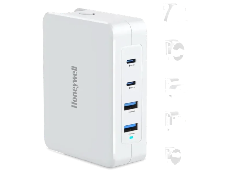 Honeywell Zest Charger GaN 140W,Ultra-Fast Wall Charger with PPS Support,2xType C PD 3.0 Ports & 2xUSB A Port,BIS Certified,Equipped with Switchable Plugs,Compatible with iPhone,Galaxy,Laptops