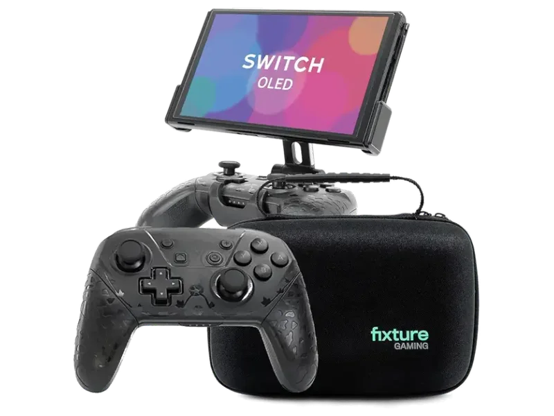 Fixture S2 Ultra Bundle Gaming Console Monitor Mount and Game Controller Compatible with Nintendo Switch OLED, Adjustable Video Game Holder Stand Clip, Includes Carrying Case