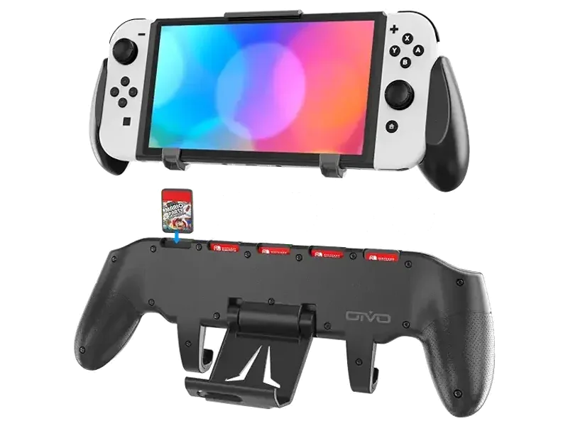 Switch Grip with Upgraded Adjustable Stand, Compatible with Nintendo Switch & OLED, OIVO Asymmetrical Grip with Adjustable Stand and 5 Game Slots-4 Thumb Caps Included