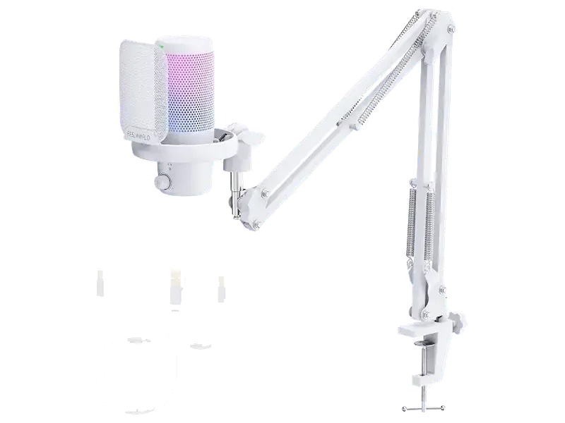 FEELWORLD VM1 White USB Gaming Condenser Microphone for pc, Boom Arm Stand