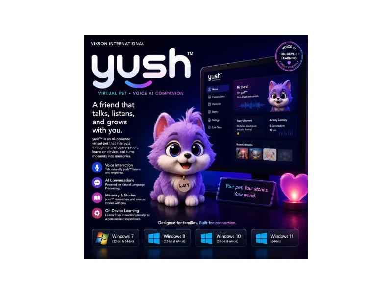 VIKSON INTERNATIONAL® YushAI™ AI Artificial Intelligence Personal Virtual Pet Windows 7/8/10/11 (64gb) | Voice Recording AI Large Langue Model Natural Language Processing software, On Device learning, AI Audio Recording & Transcription App