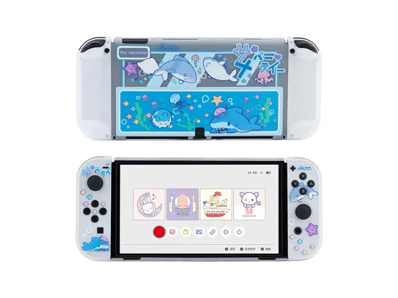 GeekShare Protective Case Slim Cover Case Compatible with Switch OLED Console and Game Console, Shock-Absorption and Anti-Scratch Cover Skin for Switch OLED 2021- Shark Party (Clear)