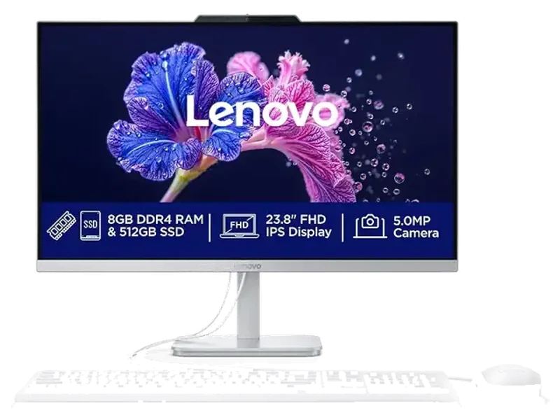 Lenovo A100 All in one Intel® Core™ i3-N305 23.8" FHD (1920x1080) 3-Side Edgeless All-in-One Desktop (8GB/512GB SSD/Win11/MS Office 2024/5MP Camera/USB Calliope Keyboard & Mouse) F0J6005GIN