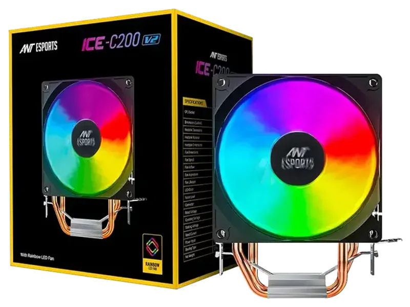 Ant Esports ICE-C200 V2 CPU Cooler/CPU Fan with Rainbow LED Fan | Support - Intel : LGA1700 / 115X / 1200/1366 x 775 & AMD : AM5, AM4, AM3+, AM3, AM2+, FM2, FM1