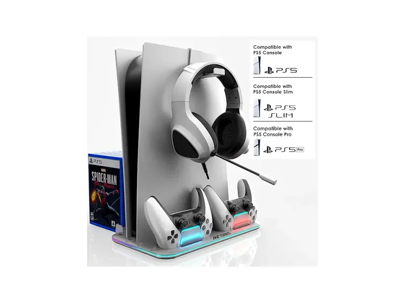 Ant Esports Dock5 RGB with Cooling Fan and Dual Controller Charger Station, PS5 Console Disc & Digital Edition, PS5 Cooling Station Accessories with RGB Light/Headset Holder/6 Game Slots/Screw (White)