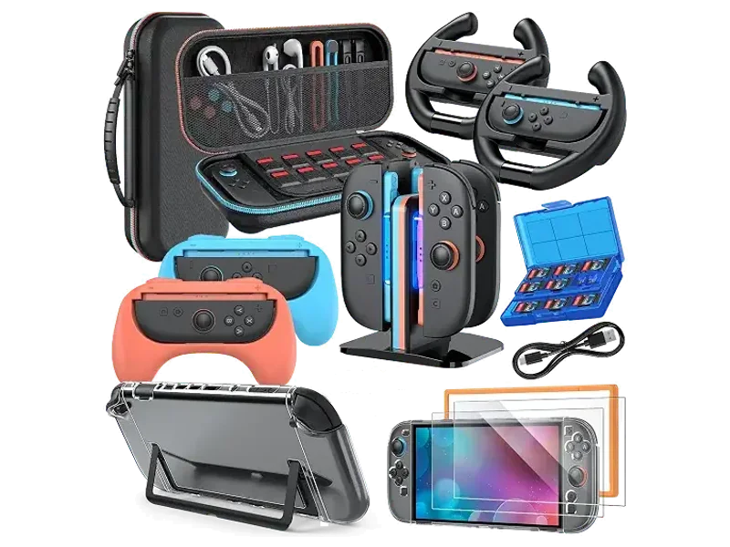 MENEEA Switch 2 Accessories Bundle for Nintendo Switch 2 (2025), 18 in 1 Kits: Carrying Case, Charger Dock, Grips for Joy Con,Steering Wheels,Protective Cover for Controller Console for Nintendo