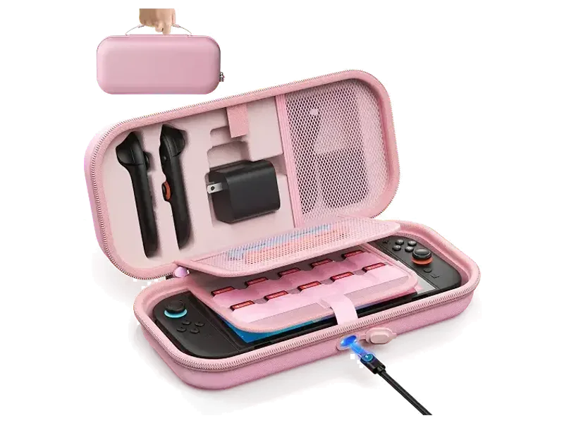 [Charge Inside] Carry Case for Nintendo Switch 2 2025/ Switch OLED / Switch, Travel Case with Adapter and Joypad Storage, Hard Shell Carrying Case for Switch 2 Console with 22 Game Cartridges, Pink