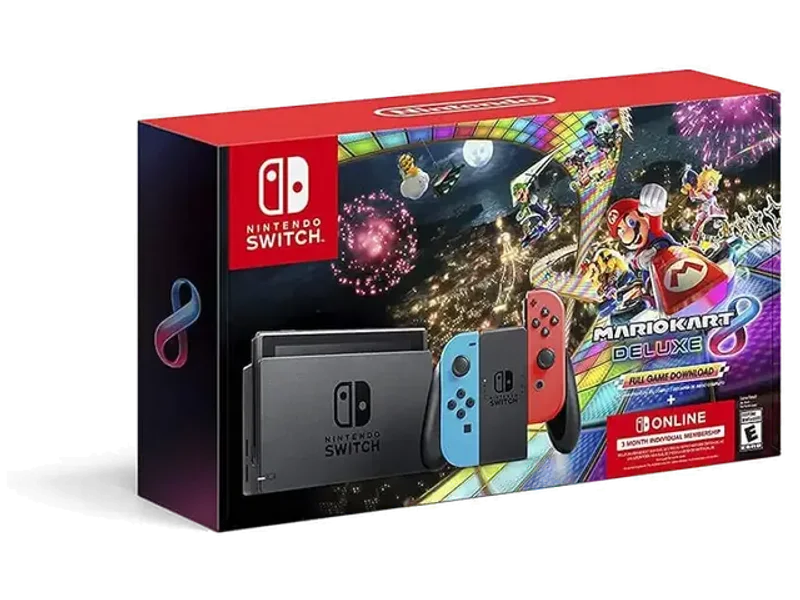 Nintendo Switch with Neon Blue & Neon Red Joy-Con + Mario Kart 8 Deluxe (Full Game Download) + 3 Month Nintendo Switch Online Individual Membership