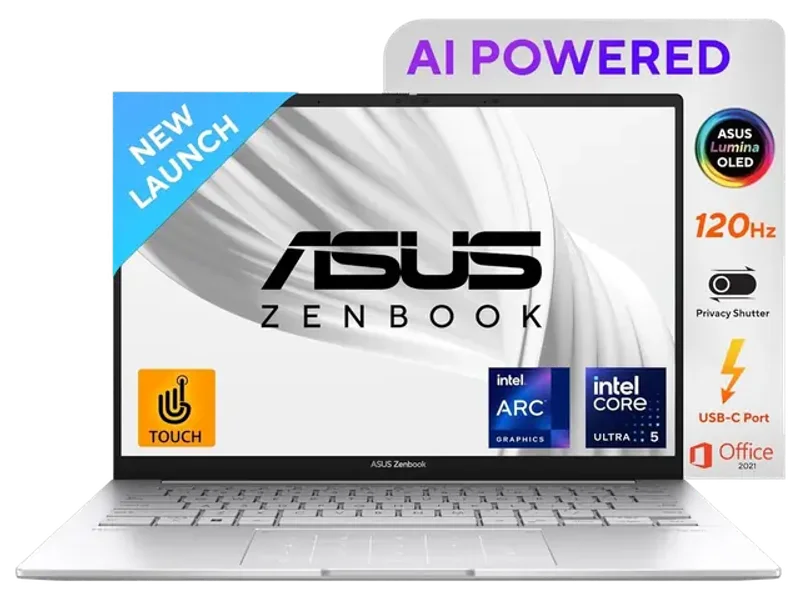 ASUS ZENBOOK 14 3K OLED 16:10 TOUCH, 120HZ, INTEL CORE ULTRA 5 125H 1.2 GHZ, AI BOOST NPU, THIN & LIGHT LAPTOP(16GB RAM/1TB SSD/WIN 11/OFFICE HOME/75WHR BATTERY/FOGGY SILVER/1.28 KG),UX3405MA-PZ551WS
