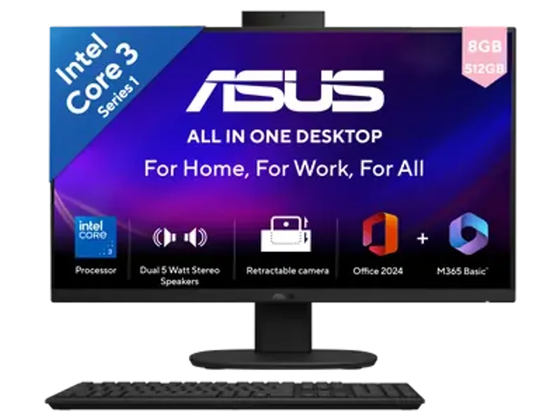 ASUS AIO, All In One PC, Intel Core 3 100U (8GB, 512GB, Intel Graphics, 60.45 cm (23.8) FHD, Windows 11 Home, Office Home 2024 with M365 Basic (1 Year Validity) V440VAB-KBC3002WS
