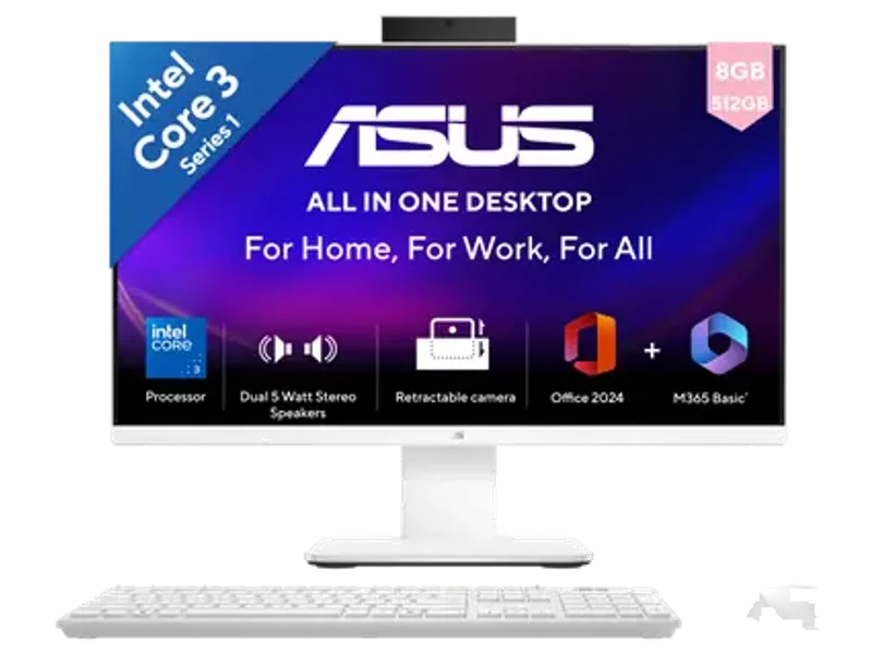 ASUS AIO, All In One PC, Intel Core 3 100U (8GB, 512GB, Intel Graphics, 60.45 cm (23.8) FHD, Windows 11 Home, Office Home 2024 with M365 Basic (1 Year Validity) V440VAB-KWC3001WS