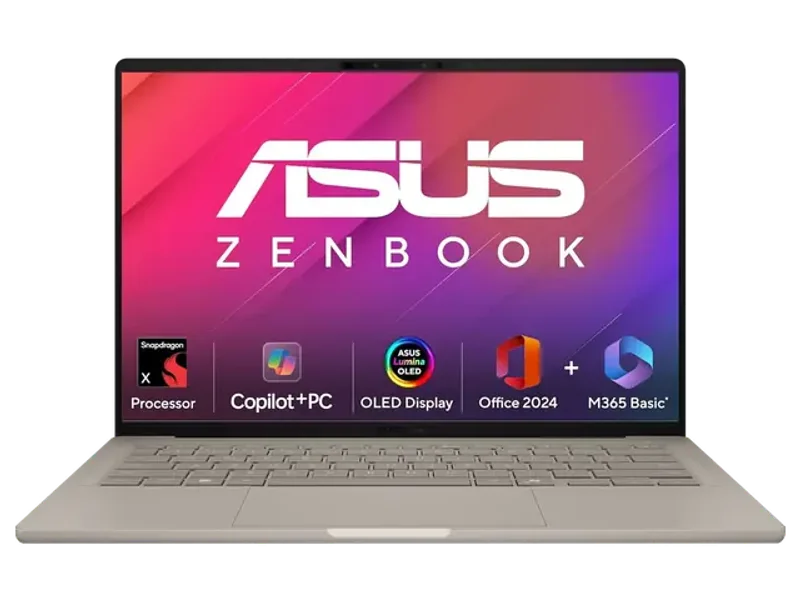 ASUS ZENBOOK A14,SNAPDRAGON X,COPILOT+ AI PC(QUALCOMM ADRENO IGPU/45TOPS/16GB/512GB/FHD+/14"/BACKLIT KEYBOARD/WINDOWS 11/M365 BASIC (1YEAR)*/OFFICE HOME 2024/ZABRISKIE BEIGE/0.98 KG) UX3407QA-QD258WS