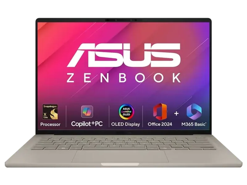 ASUS ZENBOOK A14, SNAPDRAGON X ELITE PROCESSOR,(QUALCOMM ADRENO IGPU/16GB RAM/512GB SSD/WINDOWS 11 HOME/MS OFFICE 365 BASIC (1YEAR)*/14 INCH FHD+ OLED/AI PC/ZABRISKIE BEIGE/0.98 KG), UX3407RA-QD054WS