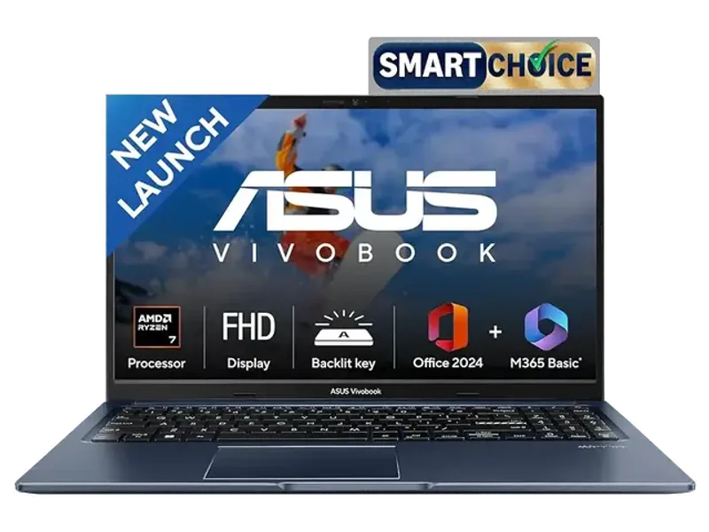 ASUS Vivobook 15, Smartchoice, AMD Ryzen 7 5825U, 16GB RAM, 512GB SSD, FHD 15.6", Windows 11, Office Home 2024, Quiet Blue, 1.7Kg, M1502YA-BQ703WS, AMD Radeon iGPU, M365 Basic (1Year)*, 42Whr Laptop