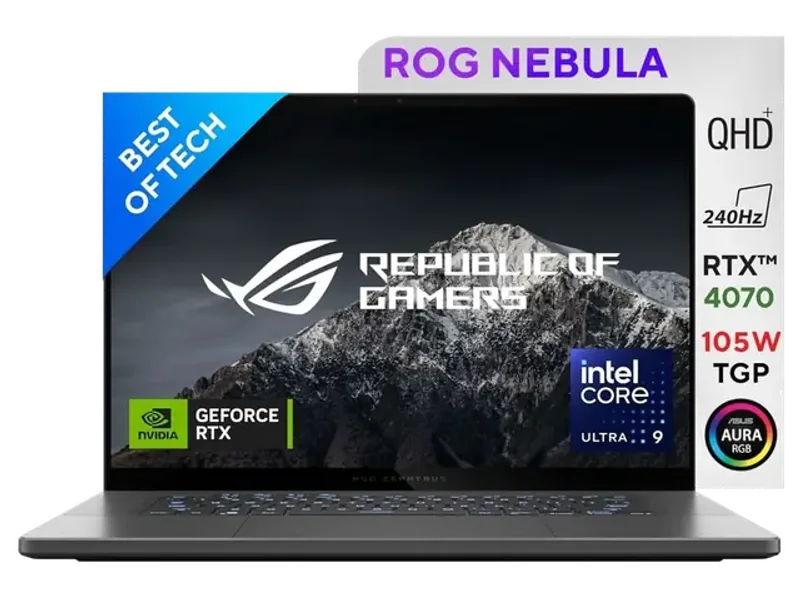 ASUS ROG ZEPHYRUS G16, GAMING LAPTOP, INTEL CORE ULTRA 9 185H, BUILT-IN AI, NVIDIA GEFORCE RTX 4070,16 INCH 2.5K QHD+ (40.64CM) 240HZ (32GB/1TB SSD/WIN 11/OFFICE 2021/GREY/1.85 KG), GU605MI-QP253WS