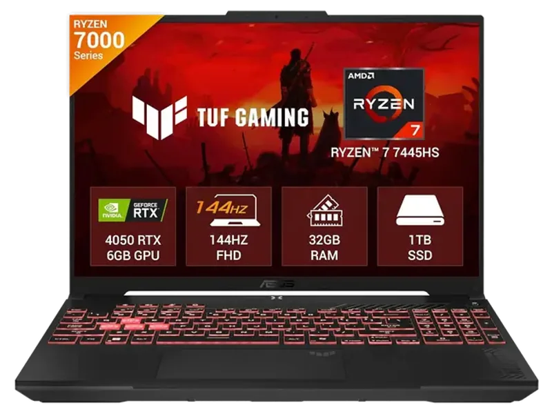 ASUS TUF Gaming A16 Gaming Laptop, AMD Ryzen 7 7445HS, 32GB, 1TB SSD, GeForce RTX 4050-6GB GDDR6 Laptop GPU, 16 Inch FHD+, Win 11, MS Office 2024, Mecha Gray, FA607NUG-RL191WS