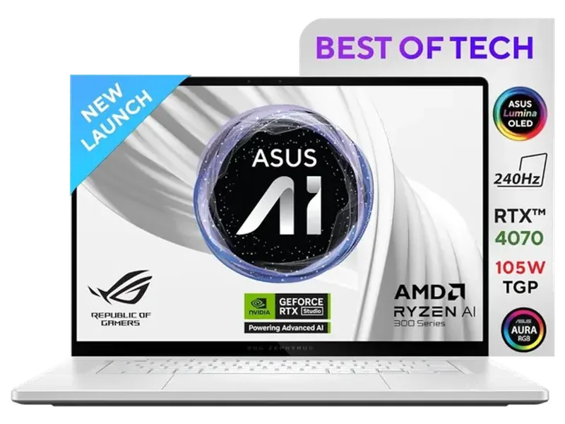 ASUS ROG ZEPHYRUS G16, GAMING LAPTOP, 16 INCH 2.5K OLED ROG NEBULA DISPLAY, 240HZ 500 NITS, AMD RYZEN AI 9 HX 370 (32GB RAM/2TB SSD/RTX 4070/WIN 11/OFFICE 2021/PLATINUM WHITE/1.85 KG), GA605WI-QR067WS
