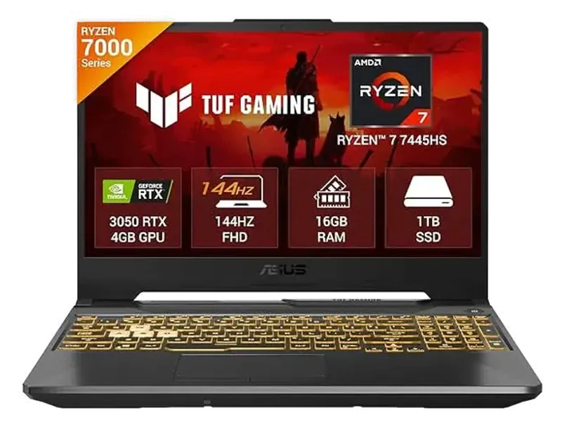 ASUS TUF A15 (2025) AMD Ryzen 7 7445HS,Gaming Laptop,RTX 3050-4GB,75W TGP,16GB RAM (Upgradeable Upto 64GB) 1TB SSD,FHD,15.6",144Hz,48Whrs,M365 Basic (1Year),Office 2024,Black,FA506NCG-HN251WS