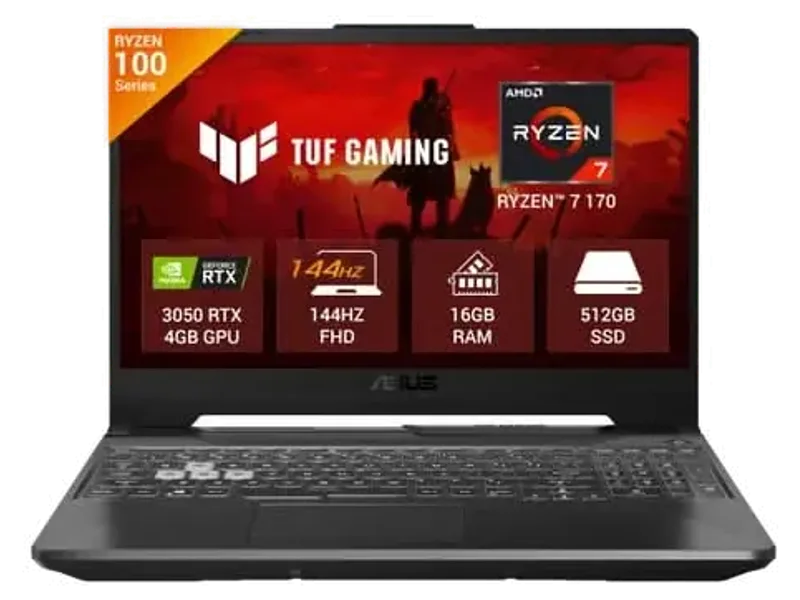 ASUS TUF Gaming A15, Gaming Laptop,Ryzen7-170, RTX3050 4GB, 16GB, 512GB SSD, 15.6 FHD, Backlit Chiclet Keyboard 1-Zone RGB, 48Whr, OFFICE HOME 2024 (IN)+M365 BASIC, Black