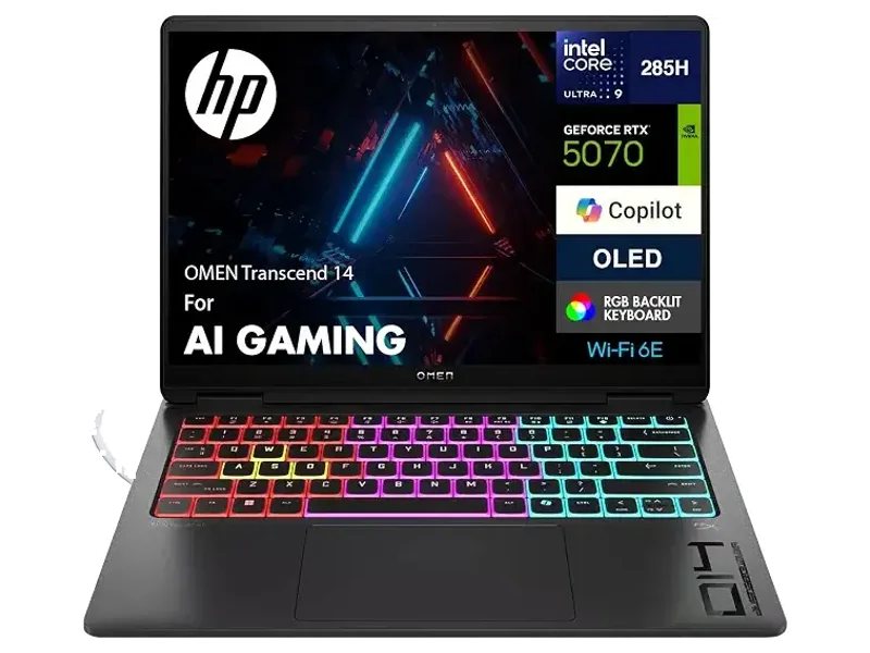 HP OMEN Transcend 14 AI Gaming Laptop 14.0" 2.8K (Intel Ultra 9-285H, GeForce RTX 5070 8GB, 32GB LPDDR5X, 1TB PCIe SSD, Win 11 Pro) w/DKZ USB Port Expander