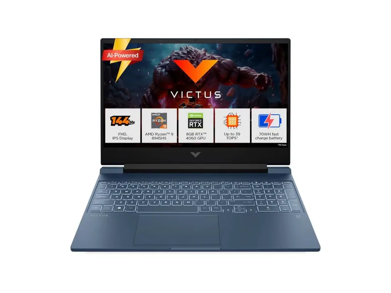 HP Victus AMD Ryzen 9 Octa Core 8945HS - (16 GB/1 TB SSD/Windows 11 Home/8 GB Graphics/NVIDIA GeForce RTX 4060/144 HZ) 15-FB3025AX Gaming Laptop (15.6 Inch, Performance Blue, Chrome Logo, 2.29 KG, With MS Office)