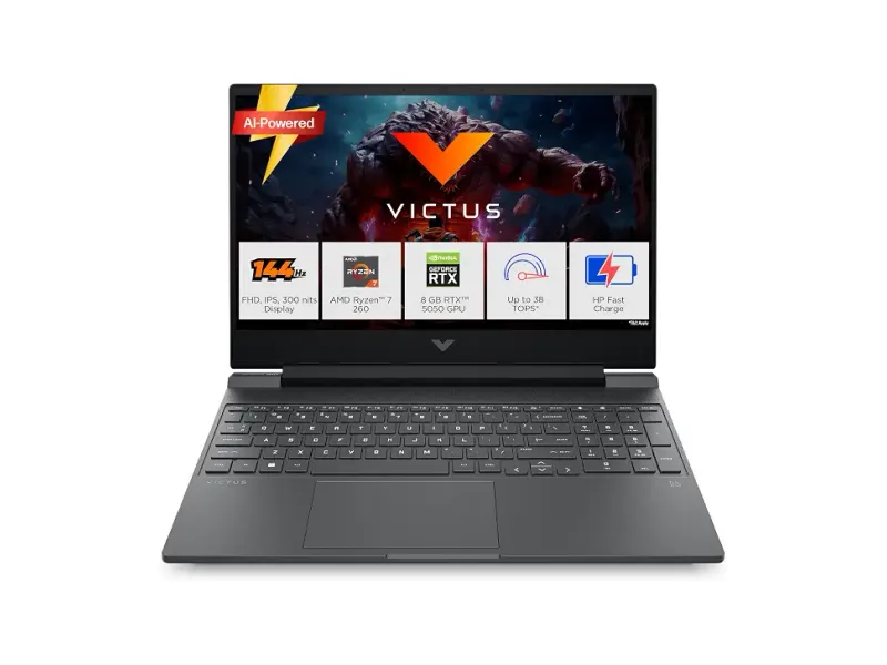 HP Victus, AMD Ryzen 7 260, 8GB RTX 5050 Gaming Laptop,(24GB DDR5,1TB SSD) 144Hz,IPS,300 nits,15.6'(39.6cm) FHD, Win11,M365 Basic(1 year) Office24, Mica Silver, 2.29kg, RGB, Enhanced cooling, fb3185AX