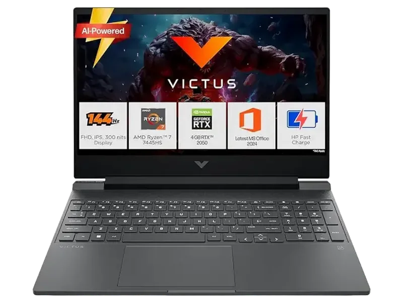 HP Victus, AMD Ryzen 7 7445HS, 4GB RTX 2050, 16GB DDR5(Upgradable) 512GB SSD, FHD, 144Hz, 300 nits, IPS, 15.6''/39.6cm, Win11, M365* Office24, Mica Silver, 2.29kg, fb3123AX, Backlit, Gaming Laptop