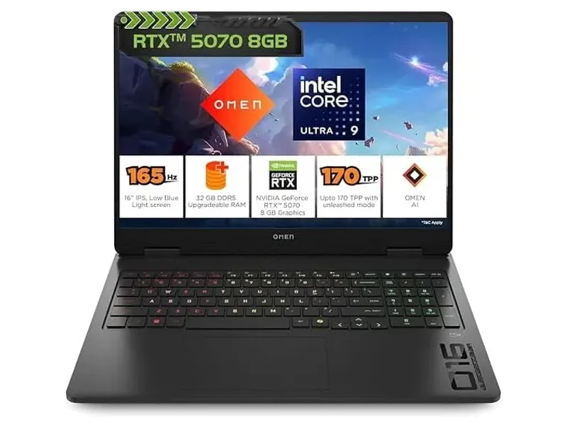 HP Omen, Intel Core Ultra 9 285H, 8GB RTX 5070, 32GB DDR5, 1TB SSD, 165Hz, 2k WUXGA, 3ms, 16 Inch 40.6cm, Win11, M365 Office24, Black, an0012TX, Unleashed Mode, RGB, AI Gaming Laptop
