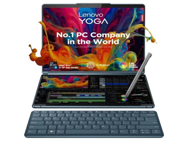LENOVO YOGA BOOK 9 13TH GEN INTEL EVO CORE I7 DUAL 13.3 INCH 2.8K OLED DISPLAY(2X33.7CM) WITH PEN+KEYBOARD|16GB/1TB SSD/WIN 11/OFFICE 2021/5.0MP IR CAMERA/360 B&W ROTATING SOUNDBAR/TEAL/1.34KG,82YQ001DIN