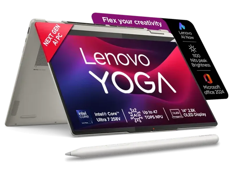 LENOVO YOGA 7 2-IN-1 INTEL CORE ULTRA 7 258V,COPILOT+ AI PC(32GB RAM/1TB SSD/14(35.5CM) WQXGA+ OLED/47 TOPS/WIN 11/OFFICE HOME 2024/YOGA PEN/1YEAR ADP/SEASHELL/1.38KG),83JQ000NIN CONVERTIBLE LAPTOP