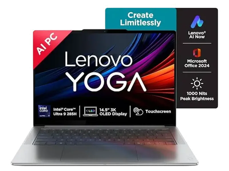 Lenovo Yoga Pro 7 Aura Edition Intel Evo Core Ultra 9 285H (32GB RAM/1TB SSD/14.5 Inch (36.8cm)/3K OLED Touchscreen/AI PC/Copilot+ PC/Windows 11/Office Home 2024 AI Now/Grey/1.5Kg), 83KF004CIN