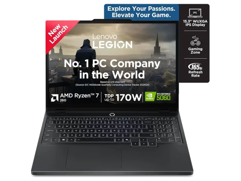 Lenovo Legion 5, AMD Ryzen 7 260, 16GB, 1TB SSD, GeForce RTX 5060-8GB GDDR7, 16 Inch WUXGA, Win 11, MS Office 2024, Black, 83M00074IN