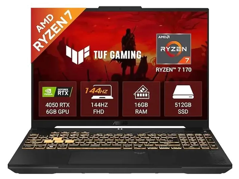 ASUS TUF GAMING A16, AMD R7 170, RTX4050 6GB, 16GB, 512GB SSD, 16.0 WUXGA, Backlit Chiclet Keyboard 1-Zone RGB, 56Whr, OFFICE HOME 2024 (IN)+M365 BASIC, Black