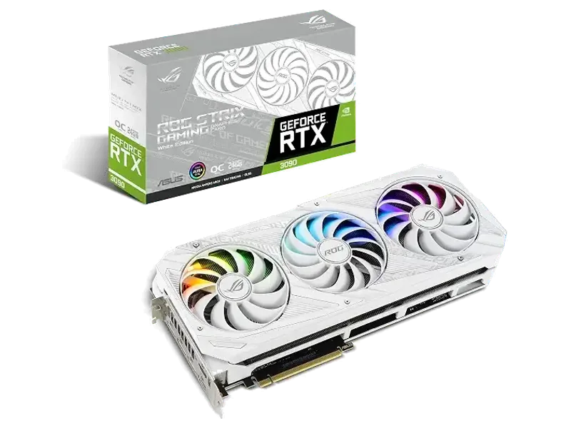 ASUS ROG STRIX NVIDIA GeForce RTX 3090 White OC Edition Gaming Graphics Card (pci_e_x16, 24GB GDDR6X, HDMI 2.1, DisplayPort 1.4a, White color scheme, Axial-tech Fan Design, 2.9-slot, Super Alloy Power