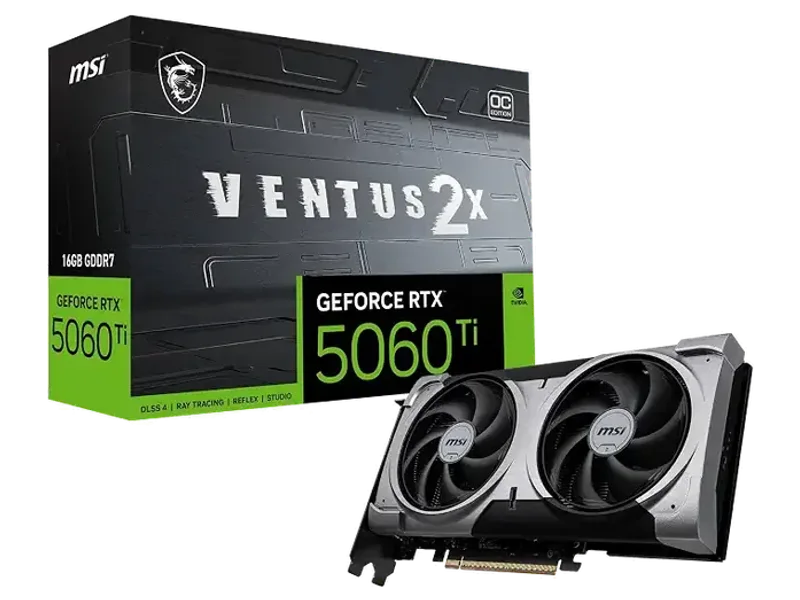 MSI GeForce RTX 5060 Ti 16G Ventus 2X OC Plus Graphic Card - NVIDIA GeForce RTX 5060 Ti GPU, 16GB GDDR7 128-bit Memory, 28 Gbps, PCI Express Gen 5 x16 Interface, Upto 2602 MHz, STORMFORCE Fan