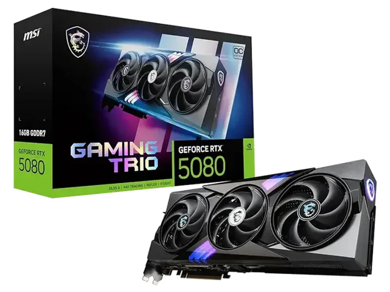 MSI GeForce RTX 5080 16G Gaming Trio OC Graphic Card - NVIDIA GeForce RTX 5080 GPU, 16GB GDDR7 256-bit Memory, 30 Gbps, PCI Express Gen 5 Interface, Upto 2700 MHz, TRI FROZR 4