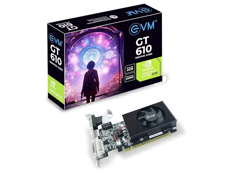 EVM GeForce GT610 Graphics Card GPU | 2GB DDR3 | PCIe 2.0 | HDMI VGA DVI | 1080p Full HD | Heat Sink Fan Cooling | Low Profile | Desktop Compatible | Stable Performance | 3 Year Warranty (EVM-GT610)