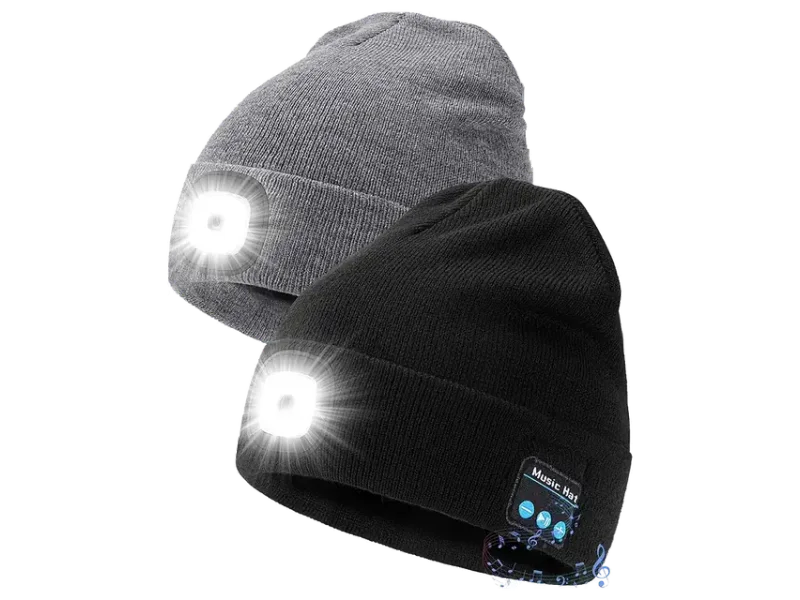 EGOUTI Bluetooth Beanie Hat with Light for Men 2 Pack, LED Beanie with Light Headlamp Wireless Headphones Gifts Men Dad Teen