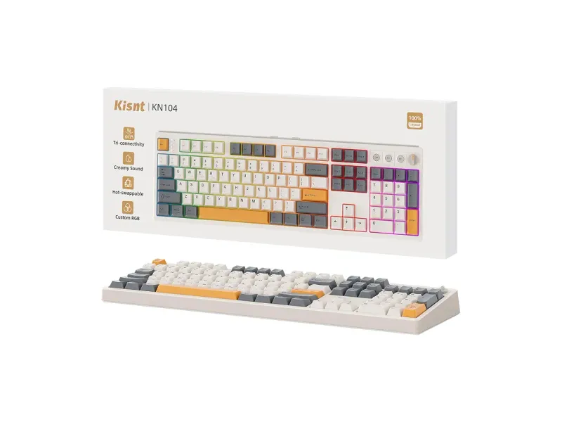 Kisnt KN104 Wireless Mechanical Keyboard, 100% Full Size with Knob, Bluetooth/2.4GHz/USB-C, Custom RGB Backlit, Hot-Swappable Linear Switch, Creamy Sound for Gaming/Typing (Retro Beige)